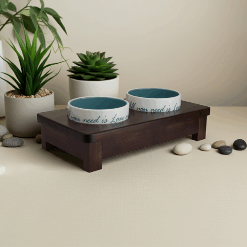 Stojak dwie miski ceramiczne dla psa lub kota 0,3L – drewniany, ręcznie robiony