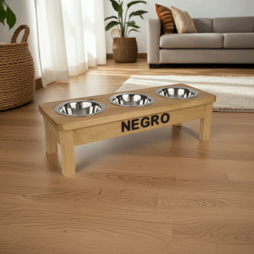 🐾 Drewniany stojak z trzema miskami – rozmiar S 0,45 L